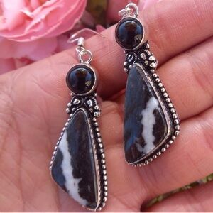 Genuine Zebra Jasper & Onyx Gemstone Earrings 925